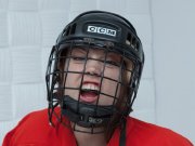 Hairy girl Jia plays hockey and strips to masturbate