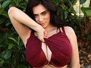 Luna Amor busty brunette natural breasts exposed in maroon lingerie outdoor