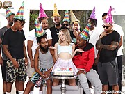 Lovely teen celebrates her birthday by sucking a bunch of black cocks
