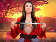 Babe dressed as a Chinese hero to enhances her fuck skills