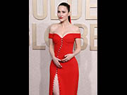 Rachel Brosnahan in red dress at Golden Globe Awards in Los Angeles