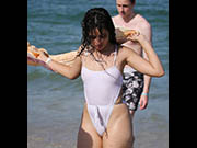 Camilla Cabello in wet see through swimsuit at the beach in Miami