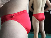 Collection of selfies featuring guys showing off in their little red speedos.