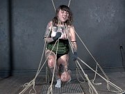 Felicia Fisher brunette in spider web rope bondage is pussy toyed